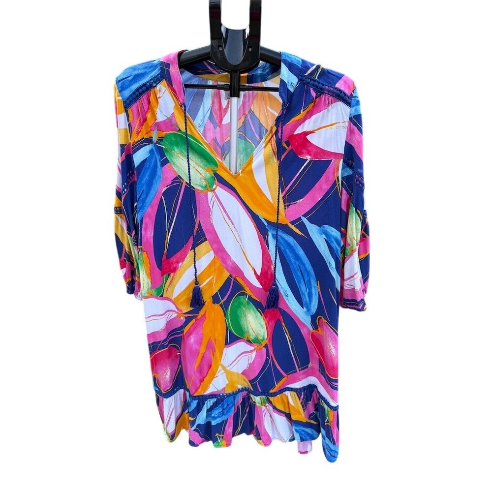 Crown & Ivy Dress Womens Size L Multicolor Tropical Floral V-Neck Tassel
